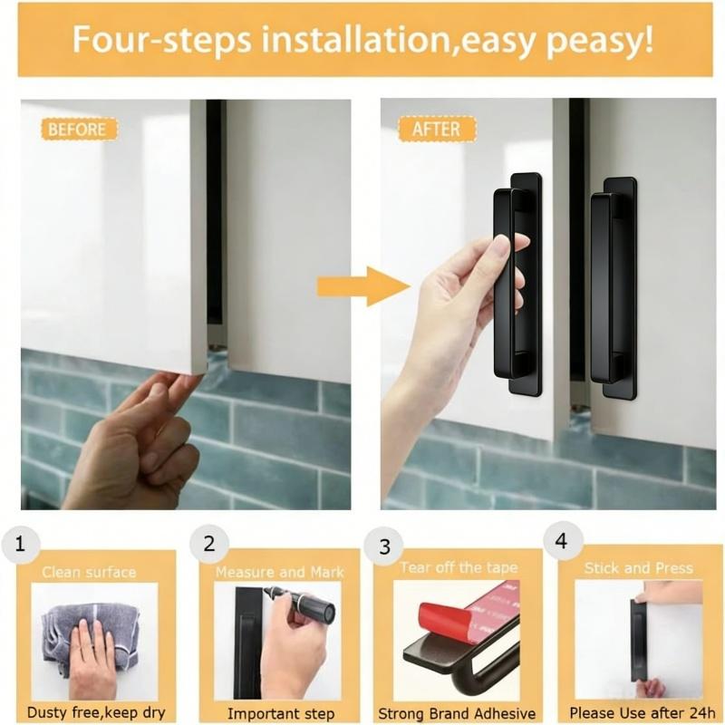 Self-Stick Adhesive Cabinet Handles,Entrance Door Handle,No-Drilling Easy Installation for Kitchen Cabinet Door Window Drawer