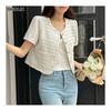 Women's Korean Fashion Outerwear Tweed Jacket Short Length Cropped Short Sleeve Round Neck Border Office Occasion Feminine Elegant Daily Mix and