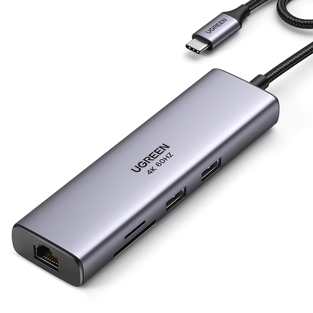 Ugreen CM512 Multiport USB-C Hub: Dual USB-A 3.0, HDMI, Ethernet, SD/TF Card Reader, 100W Power Delivery - Gray