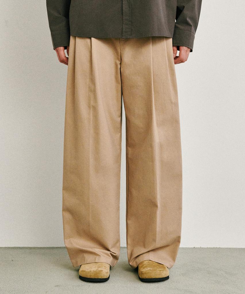 GLW Wide Double-Pleat Cotton Pants Beige
