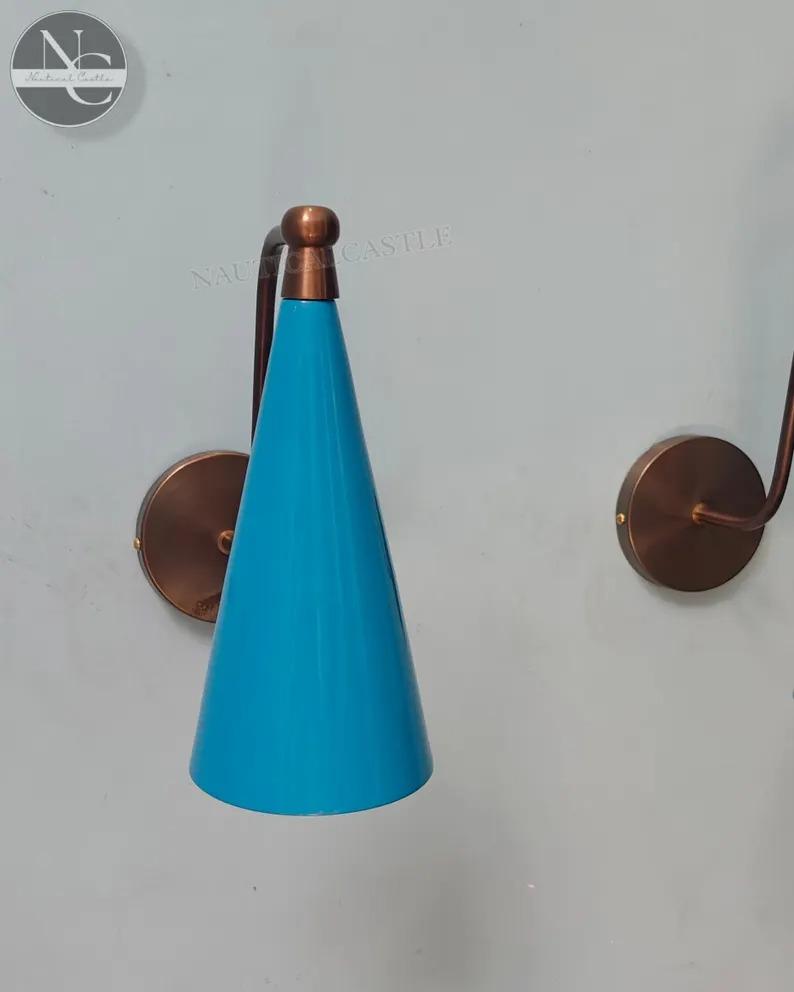 Handcrafted Brass Wall Sconce Set: Mid-Century Modern Blue Cone Lights