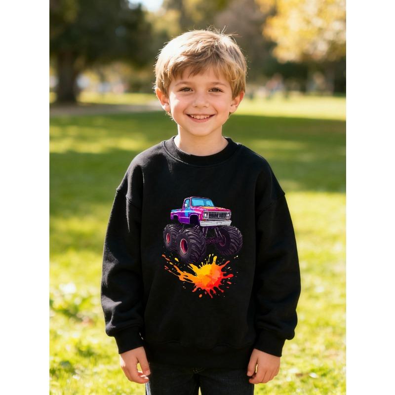 European sizes Kids' Crewneck Sweatshirt Featuring a Vibrant Monster Truck Design, Great for Outdoor Activities And Daily Use