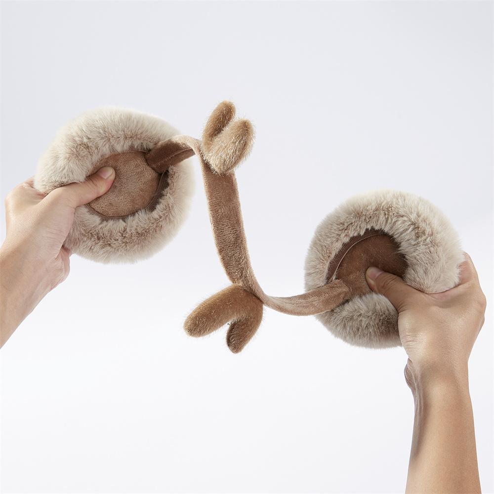 Winterliche Ohrenschützer aus Elchgeweih, braun, zusammenklappbar, mit künstlichem Kaninchenfell, Ohrenwärmer, Weihnachtsgeschenk, beliebt bei Erwachsenen und Kindern