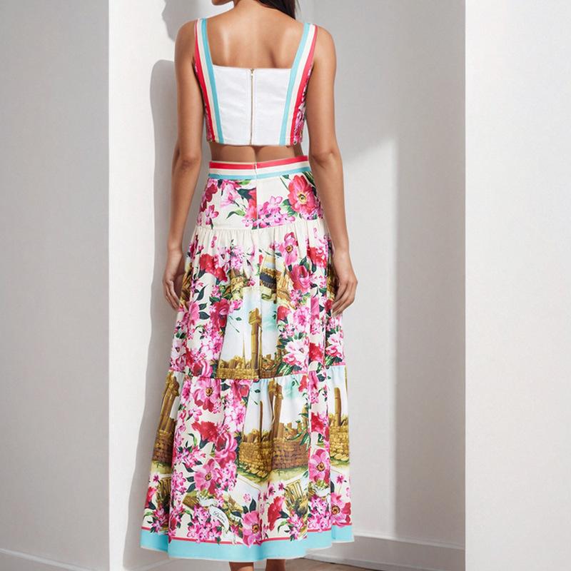 2026 Spring Women's Fashion Set: Print Bandeau Camisole with High-Waisted Skirt