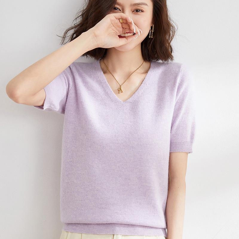 

Весенне-осенняя женская футболка, вязаная рубашка с v-образным вырезом, простой темпераментный тонкий топ, однотонный вязаный низ, тонкий XL светло-фиолетовый