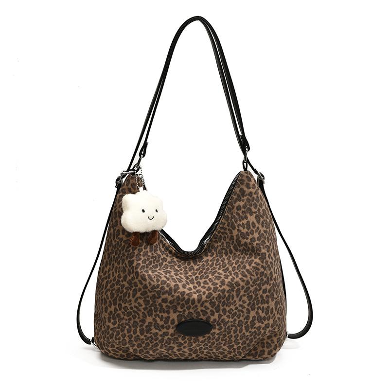 Vintage Backpack Women'S Large-Capacity Leopard Print Tote Bag Commuter Shoulder Bag To Work