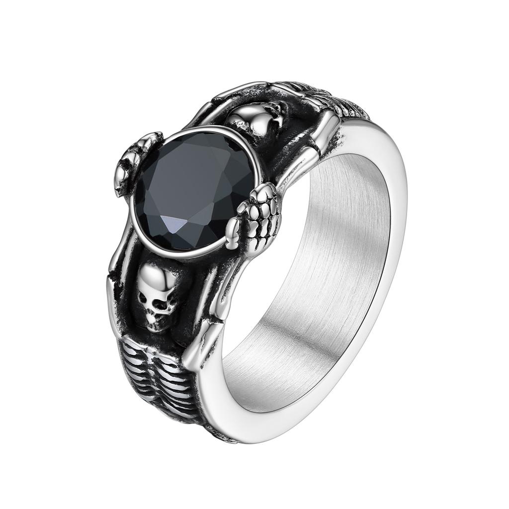 Stainless Steel Double Side Skeleton Holding Up Black Stone Skull Rings for Man Retro Gothic Punk Cool Jewelry Gift for Him