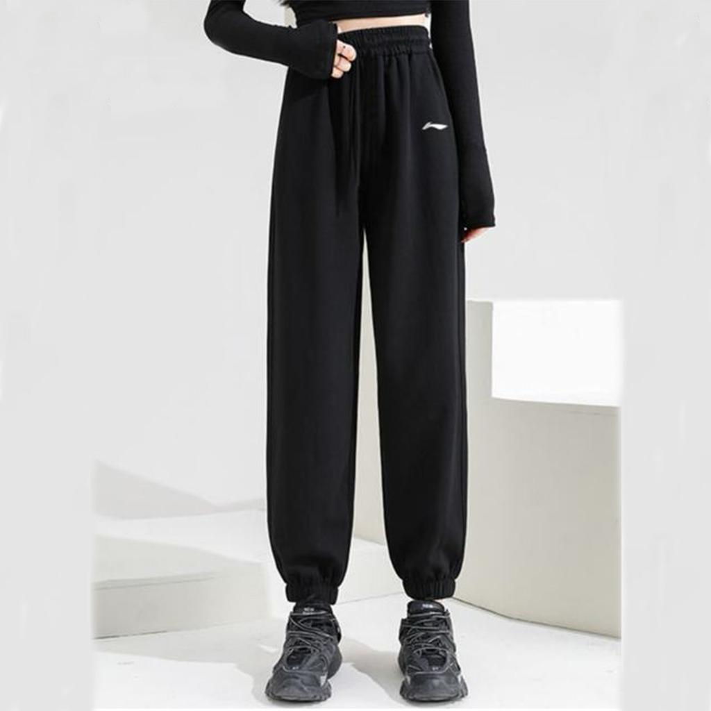 Li-Ning Solid Color Loose Mid Waist Elastic Cuff Knitted Sports Pants Women bottoms Black AKLUE34-1