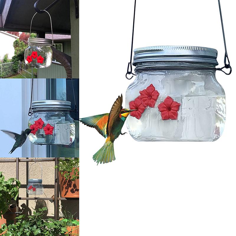 Quadratisches Glasgefäß Kolibri-Futterspender Wildvogel-Tränke für Außenbereich Garten Hof Hängende Vogelfutterspender mit Roten Blumen