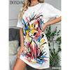 Fun Graffiti Dog Pattern Printed Round Neck Short Sleeve Women's Summer Loose Dress