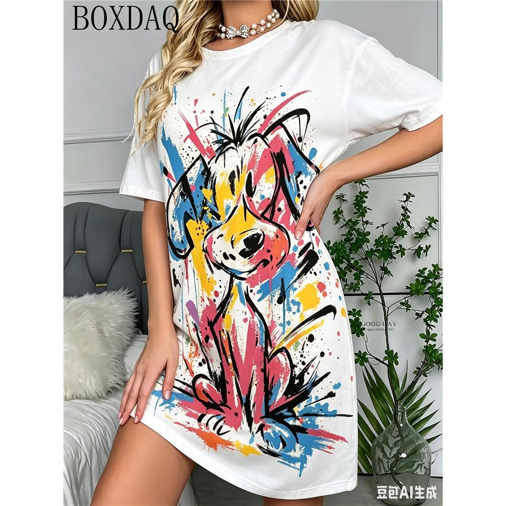 Fun Graffiti Dog Pattern Printed Round Neck Short Sleeve Women's Summer Loose Dress