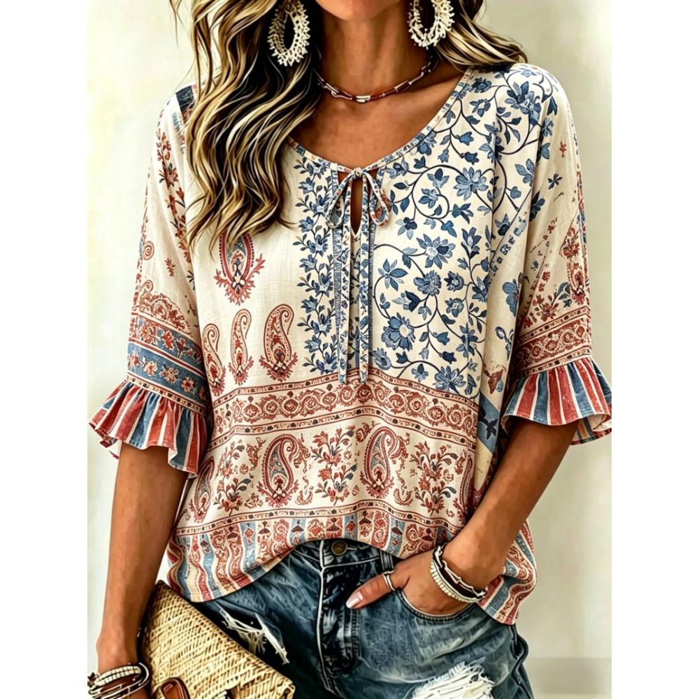 Women's Vintage Paisley Floral Print Tie Front Blouse, Casual Loose Top for Spring Summer Daily Wear