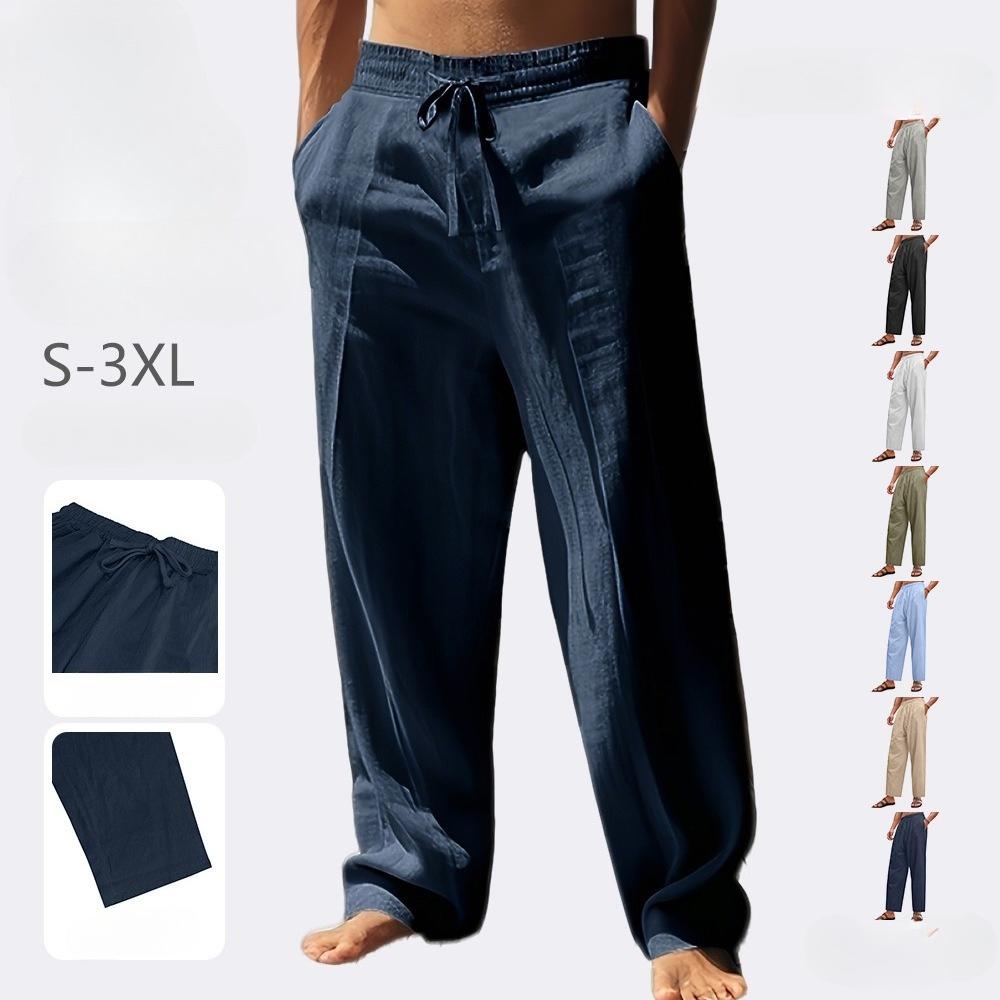 Męskie lniane spodnie Lekkie ze sznurkiem Elastyczna talia Luźny krój Proste nogawki Spodnie z kieszeniami Oddychające Plażowe do jogi do pracy Lniane spodnie dla mężczyzn