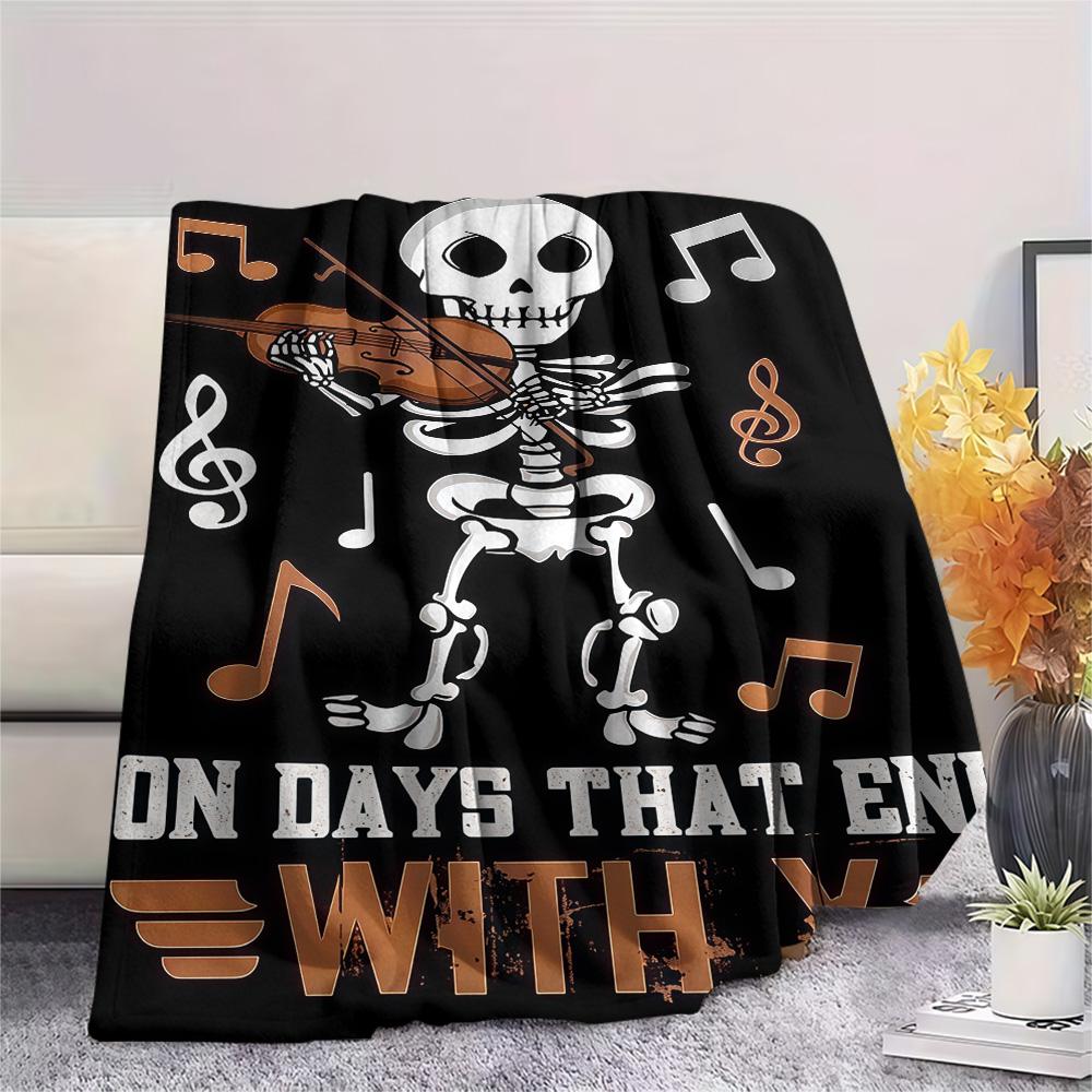 Skeleton Violin Music Note Print Flannel Blanket Rock Music Art Throw Blanket Music Lover Warm Bedroom Sofa Cover
