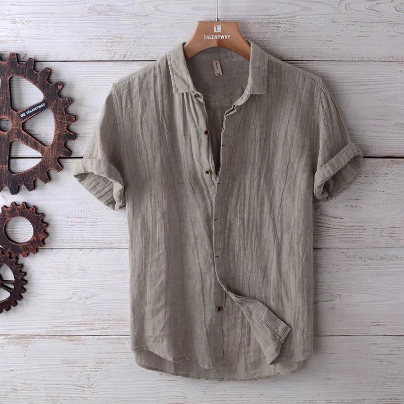 Herren Sommer Texturierte Leinenmischung Kurzarm Lässig Daunenhemd L khaki