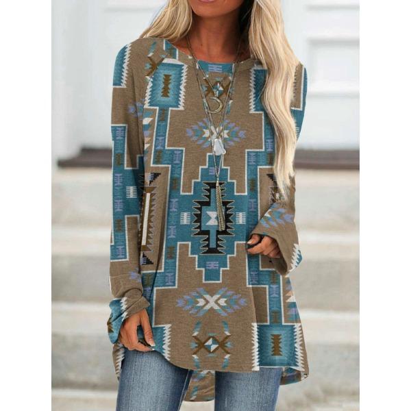 Round Neck 3D Ethnic Style Printed Top Fashionable Casual Long Sleeved Women's T-shirts