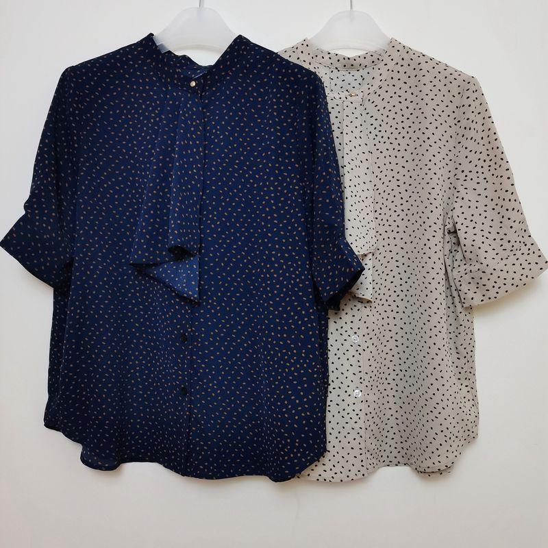 Export Japanese Original Order Leftover Stock Ribbon Polka Dot Elegant Half Sleeve Shirt Women's Versatile Stand Collar Chiffon Shirt Bottoming Shirt