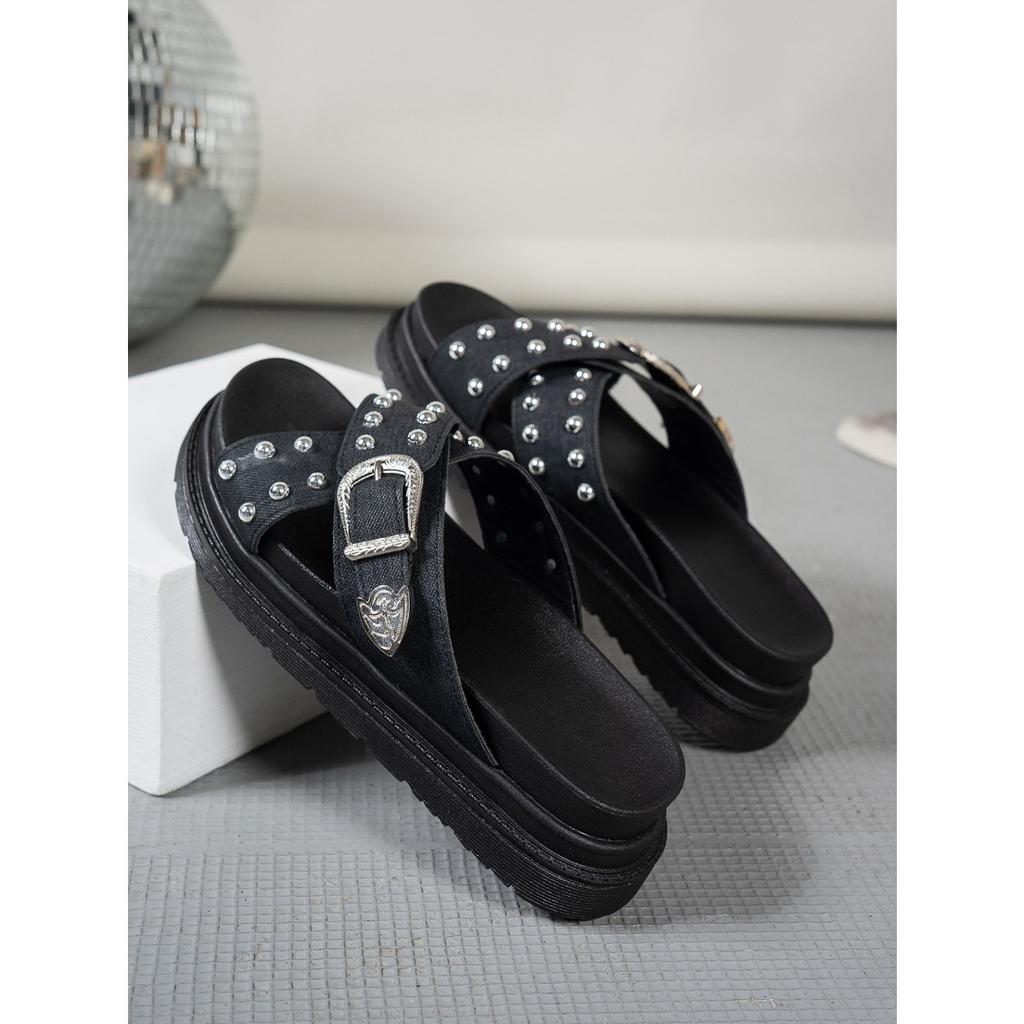 Summer New Style, Cross Thick Soled Shoes, Buckle Rivet Slippers, Women's Fashionable Casual Shoes, Outdoor Beach Sandals
