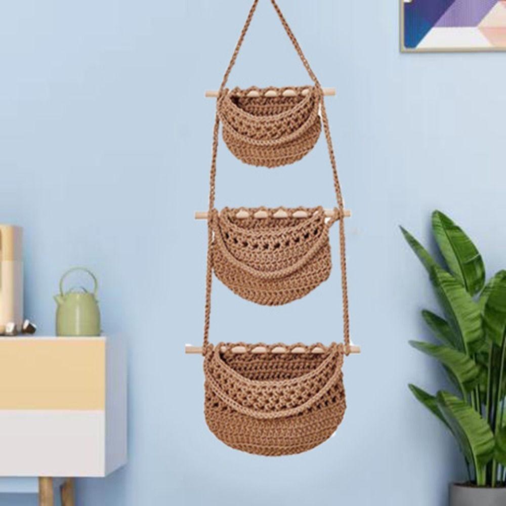 Simple Hanging Fruit Baskets Handmade Sundry Storage Hanging Bag 3 Tier Storage Bag  Kitchen