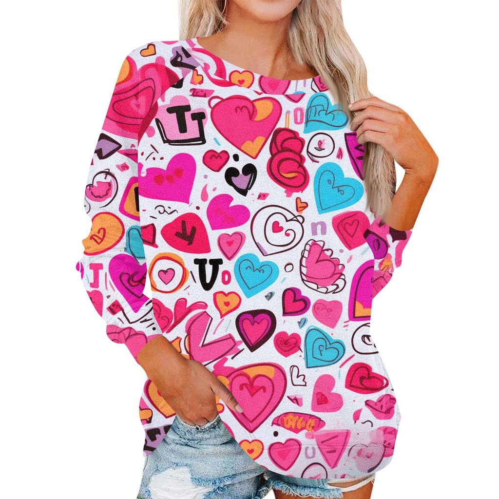 Damen Modisches Rundhals Schulter Langarm Valentinstag Bedrucktes Lässiges Pullover-Oberteil