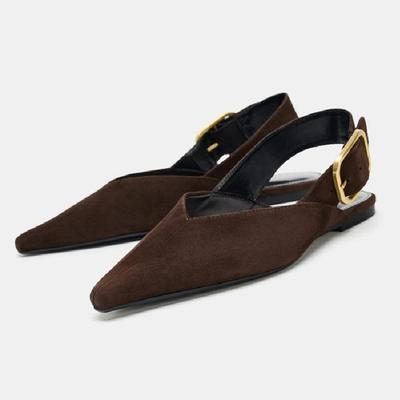 Fashion Metal Buckle Design Flat Sandals Women Brown Suede Pointed Toe Slingback Designer Shoes Comfortable Women Shoes