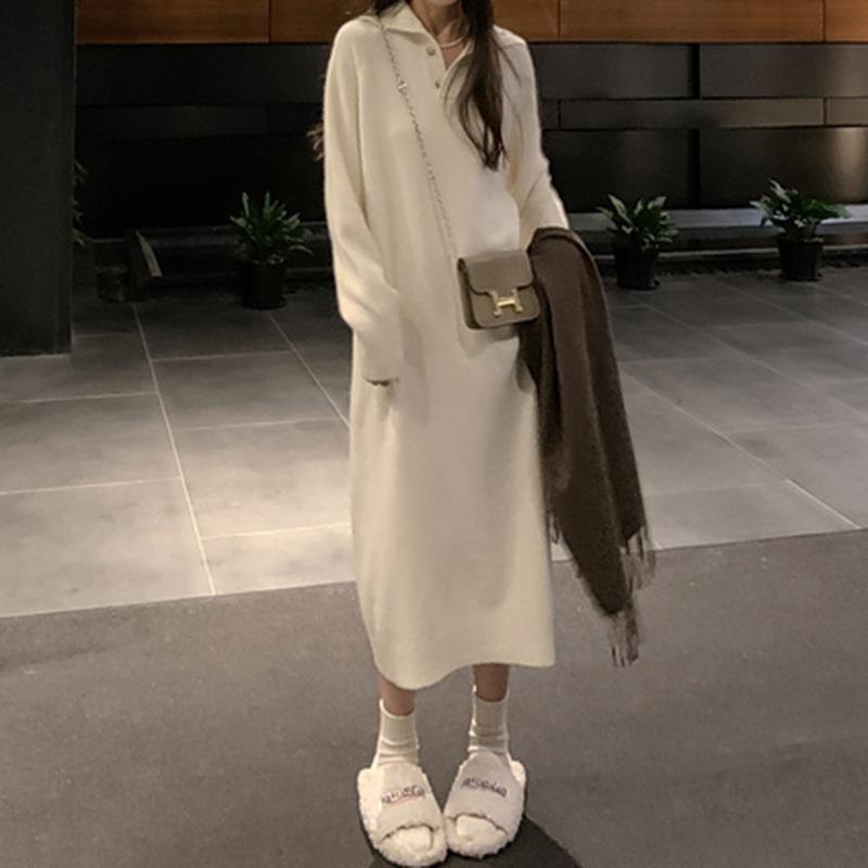 With coat loose knitted dress women's autumn new lazy style polo collar high-end bottoming shirt women