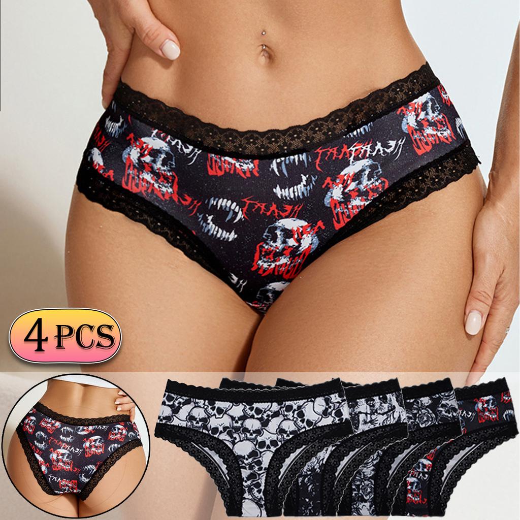 4 Pezzi Mutandine Hipster da Donna Gotico a Vita Bassa con Bordi in Pizzo a Contrasto, Stampe Teschio e Rosa per un Look di Halloween Sexy, Mutandine Hipster Comode