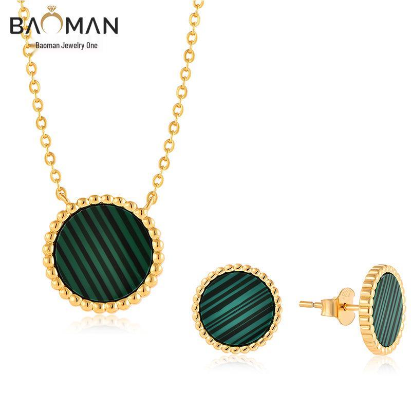 Sterling Silver Malachite Necklace & Earring Set - Luxurious Round Design for Women