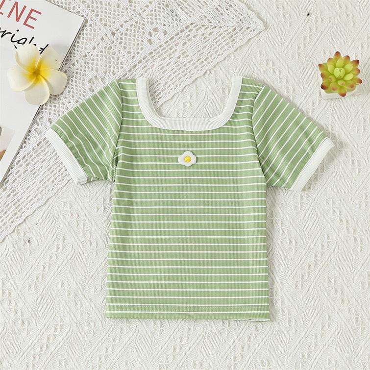 2024 Fashionable Baby Girl Square Neck Summer T-shirt - Short Sleeve Toddler Top
