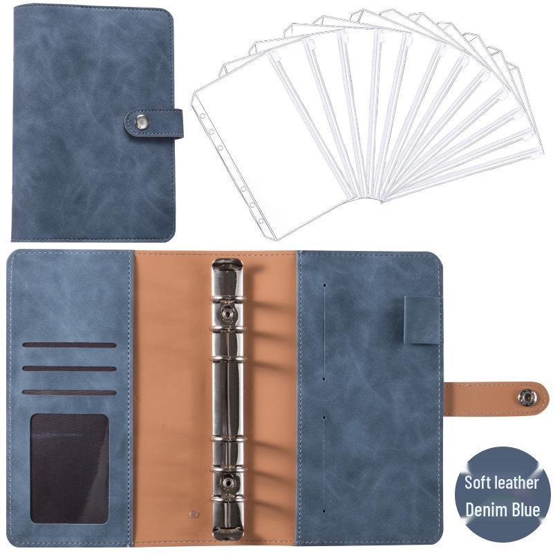 A6 Macaroon Leather Notebook Binder with 12 Refillable Zipper Pockets for Bills and Coins
