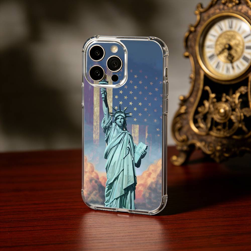 Statue L-Liberty America USA Flag Phone Case For iPhone 17 16 15 14 13 12 11 Mini Pro Max Plus Transparent Cover