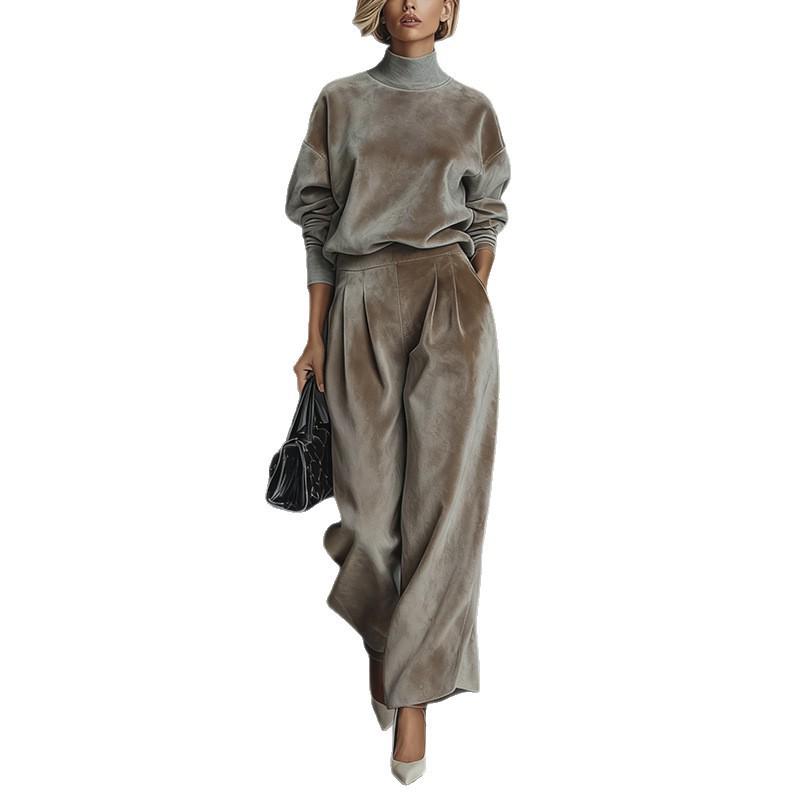 2025 Autumn/Winter Women's High-End Fashion Knit Two-Piece Set: Long Sleeve Top & Wide-Leg Pants