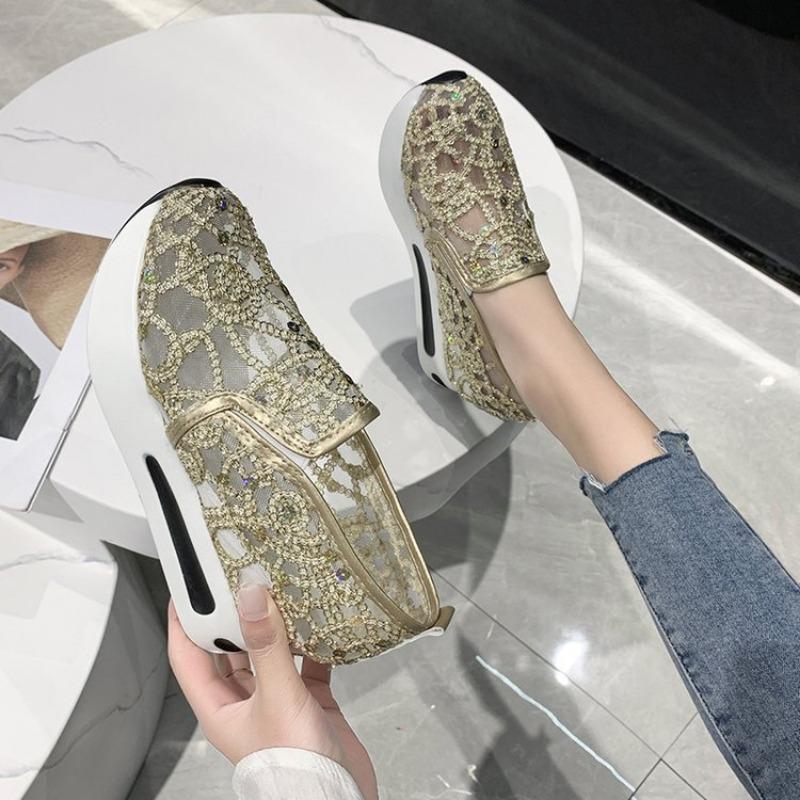 Large size mesh sports single shoes women's summer breathable rhinestone platform sandals women