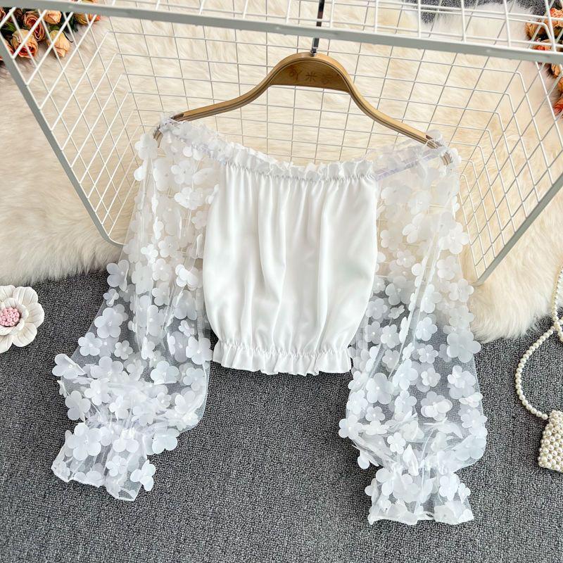 Top da Donna Elegante Monospalla in Chiffon a Rete Floreale 3D - Ampio, Modellante in Vita e Off-the-Shoulder per l'Estate