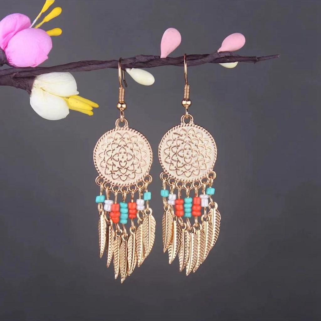 Bohemian Turquoise Owl Dream Catcher Tassel Earrings for Women