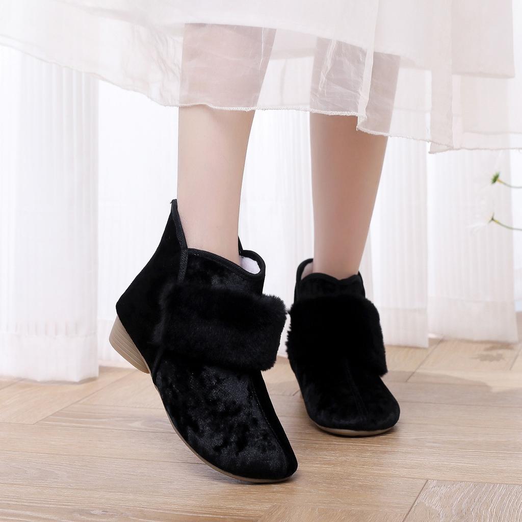 Women's Winter Embroidered Ankle Boots Non-Slip Low Block Heels Snow Booties with Faux Fur Lined Warm Comfortable Fleece Walking Boot Shoes for Women