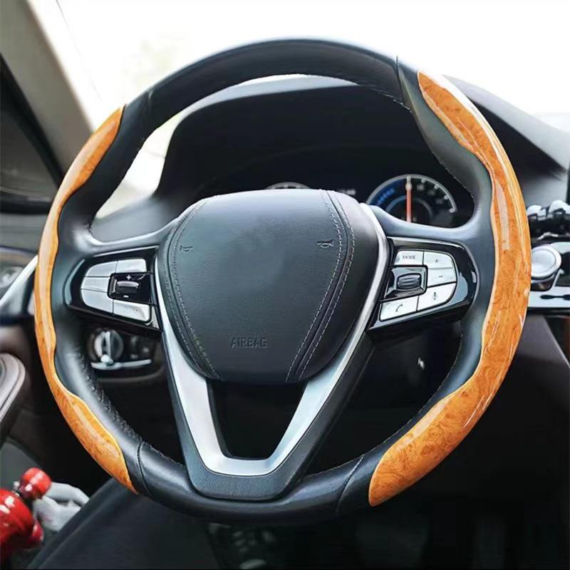 

Universal Wood Grain Anti-slip Steering Wheel Cover with Card Holder - All-Season Car Interior Accessory 38cm
