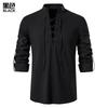 Men's New Men's Cotton and Linen Henley Shirt Long Sleeve Hippie Casual Beach Stand-Up Collar Shirt
