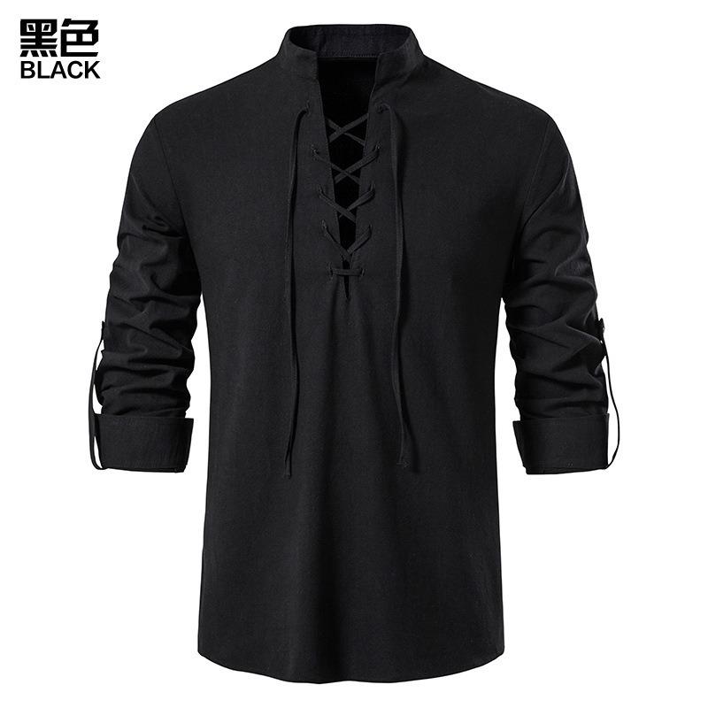Men's New Men's Cotton and Linen Henley Shirt Long Sleeve Hippie Casual Beach Stand-Up Collar Shirt