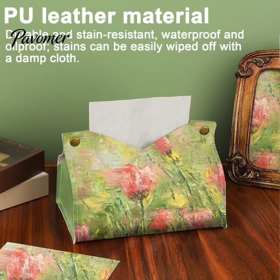 Kitchen Paper Organizer Leather Tissue Box Cover with Oil Painting Pattern, Foldable Desktop Organizer, Napkin Holder Portable Case, Facial Dispenser,
