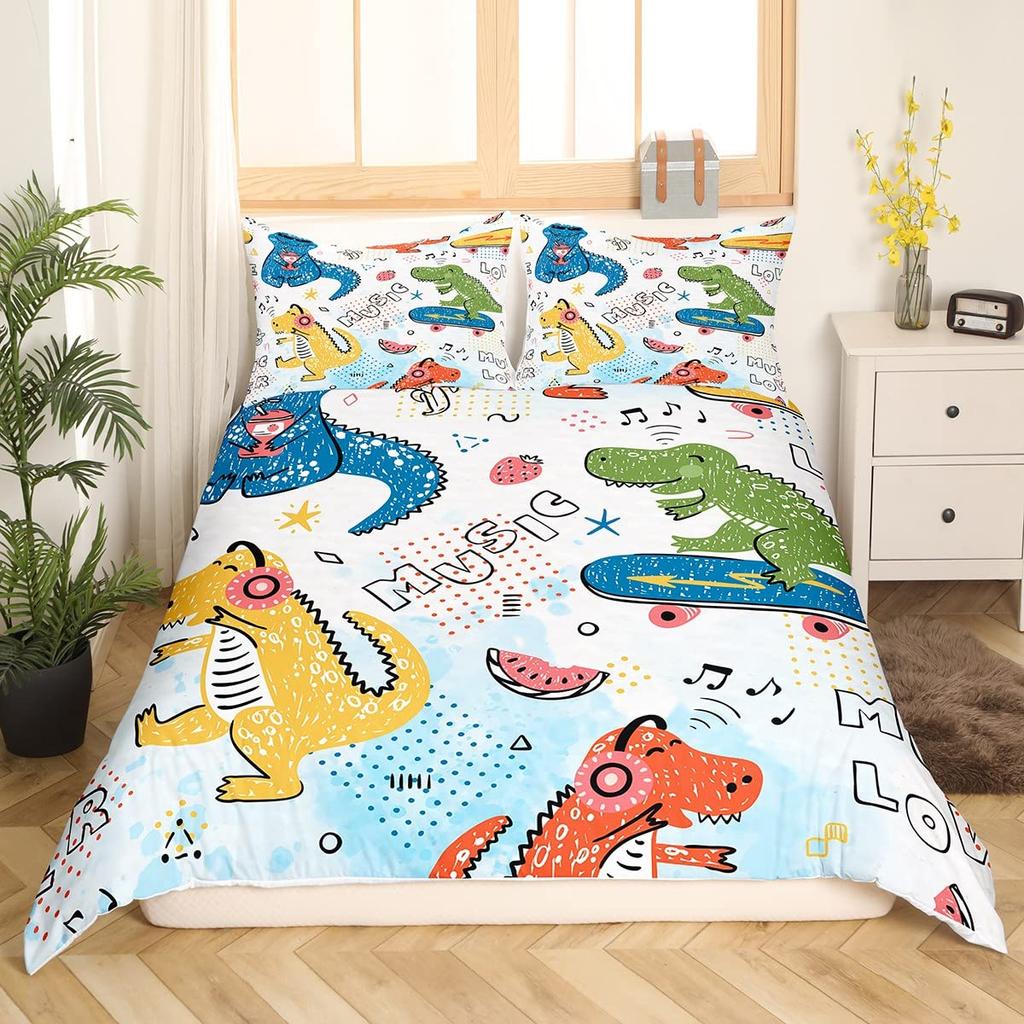 Cute Dinosaur Duvet Cover King Queen Kawaii Cartoon Wild Dino Bedding Set For Kids Boys Girls Jungle Animals Comforter Cover