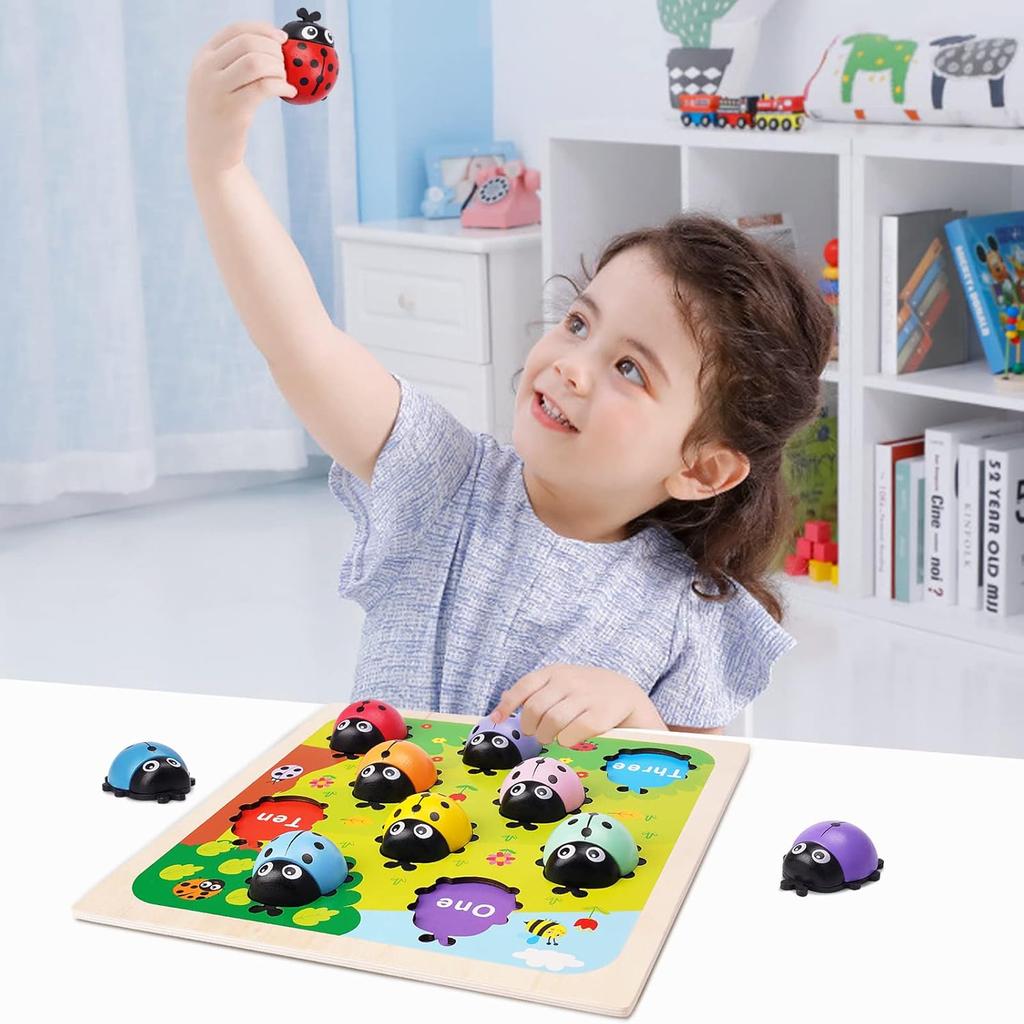 Wooden Counting Ladybugs Montessori Toys for Toddlers Learning Education Toy Puzzle Numbers Matching Math Board Games for Kids
