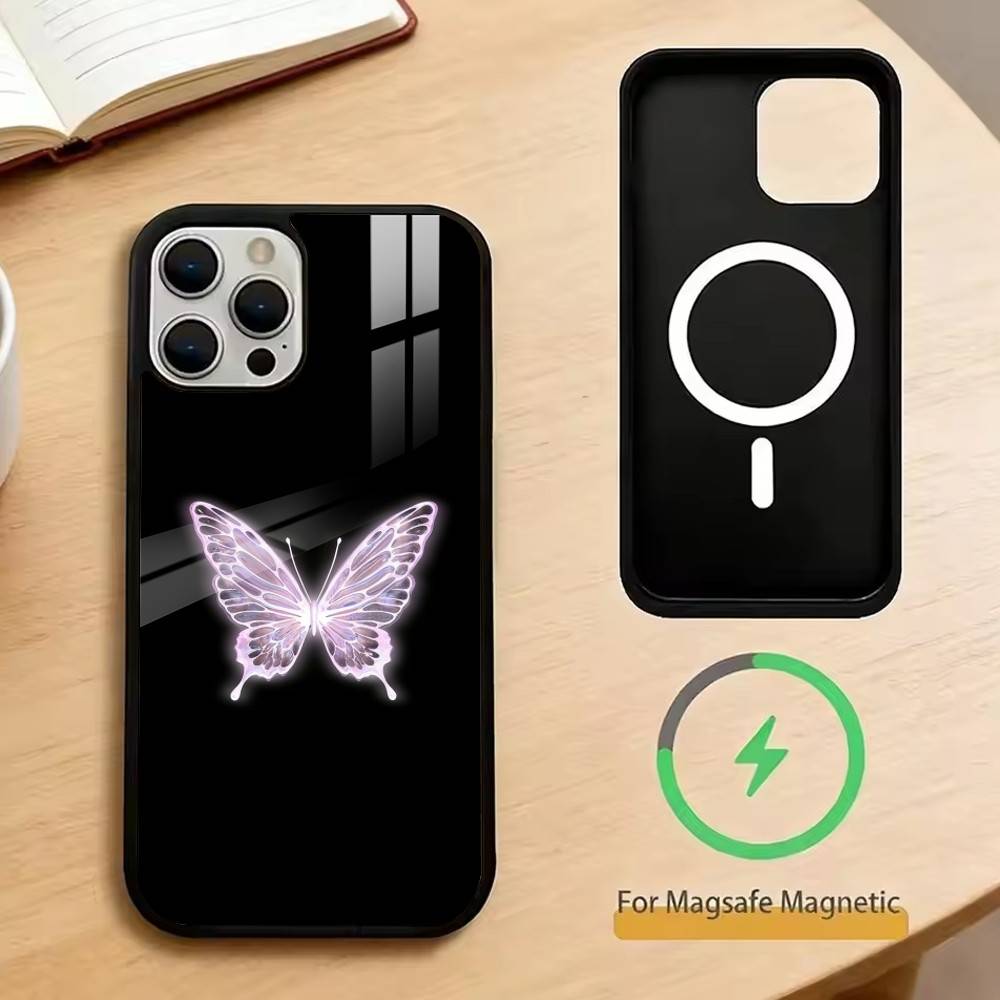 Fluorescent Butterfly Phone Case For iPhone17,16,15,14,13,12,11 Plus,Pro Magnetic with Magsafe Wireless Charging