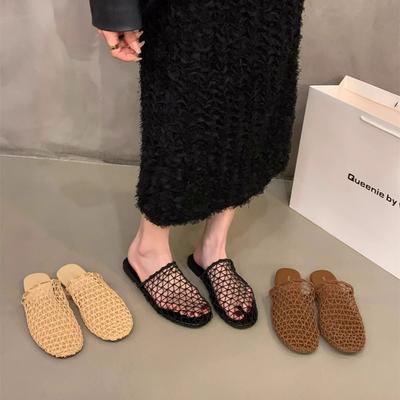Woven Mesh Bag Head Half Slippers Women's Shoes 2025 Summer New Flat-bottomed Vacation Retro Roman Sandals