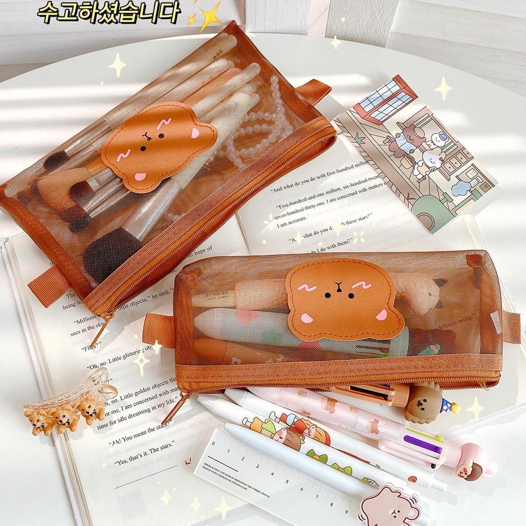 Adorable Small Bear Mesh Pen Bag With Design For Kids And Students