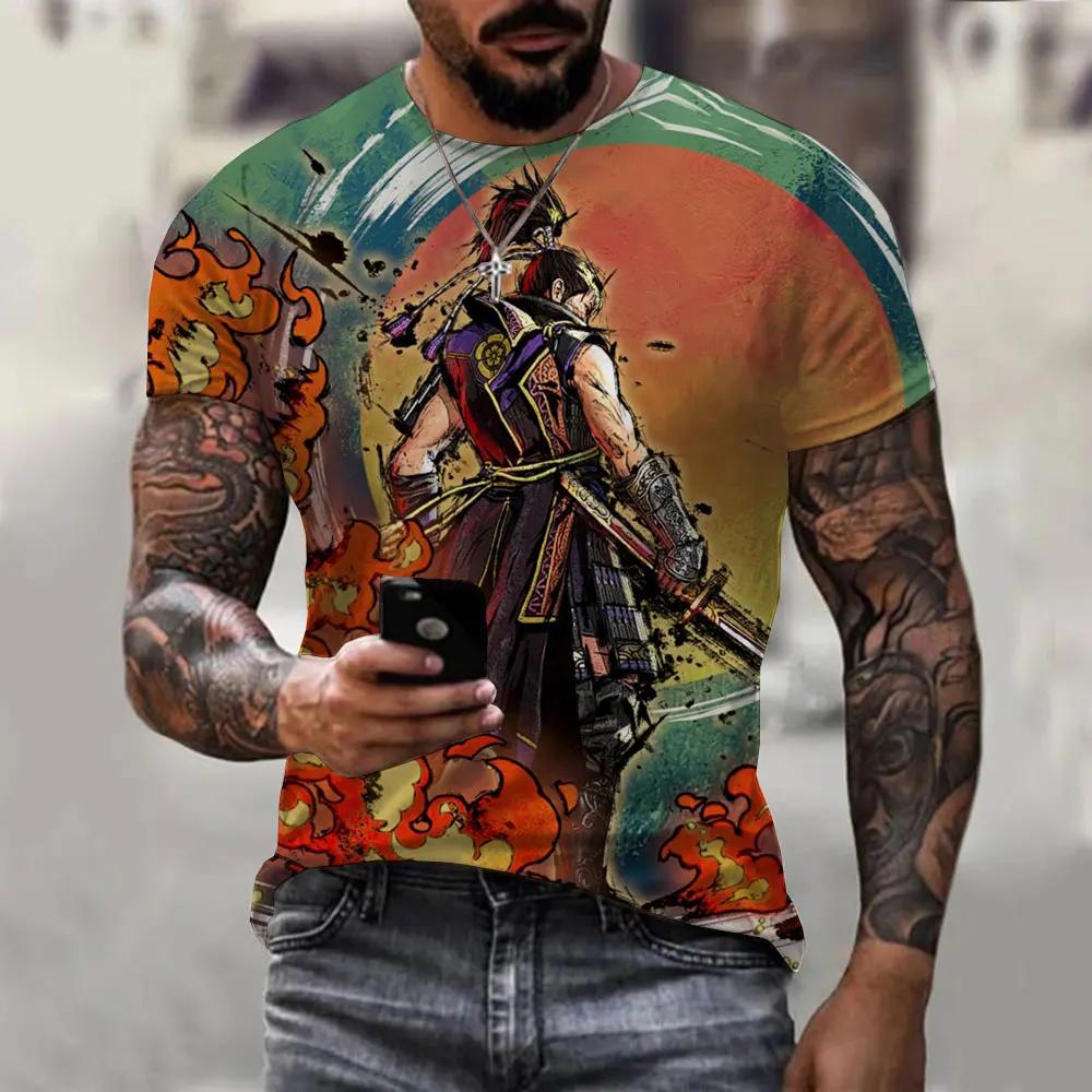 Summer Trend Retro Japanese Samurai Pattern T-shirt Personality Men's T-shirt Harajuku Round Neck Short Sleeve Top T-shirt