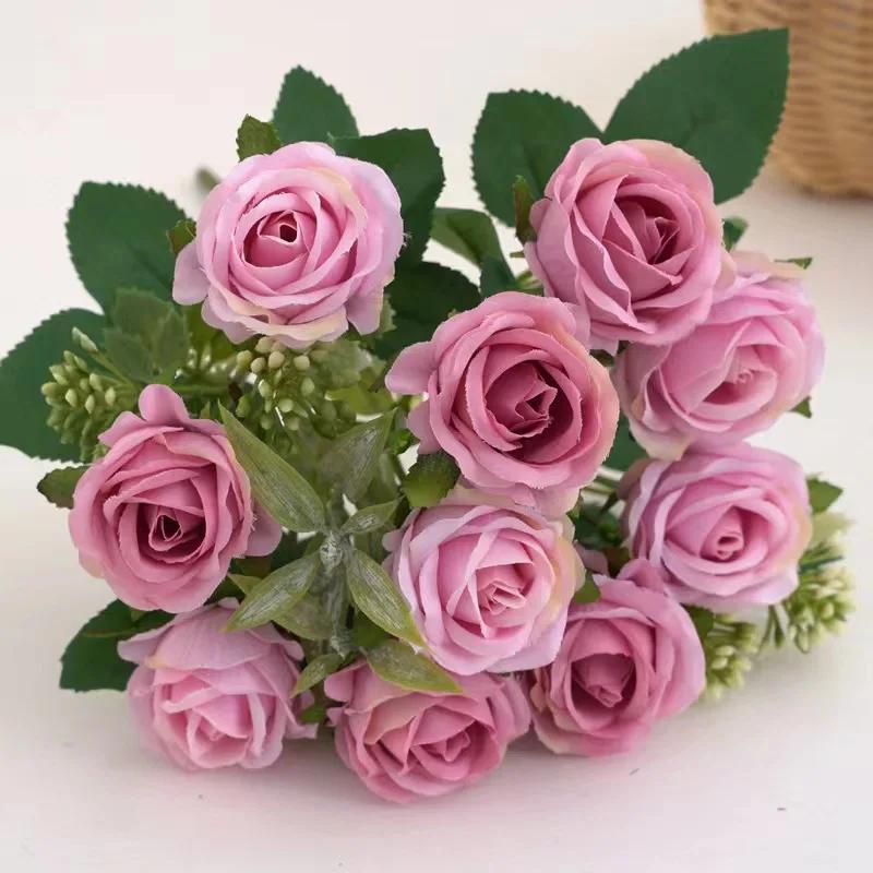 5pcs 10 Heads Rose Bouquet Artificial Flowers Western Rose Wedding Decoration 6 Colors Peonies Fake Flowers Artificial Flowers