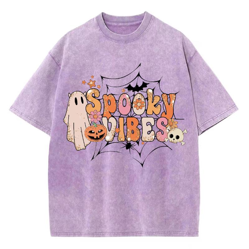 SPOOKY VIBES Monogram Print Halloween Women's T-Shirt Summer Unisex Wash Cotton Short Sleeve Loose Top American Vintage