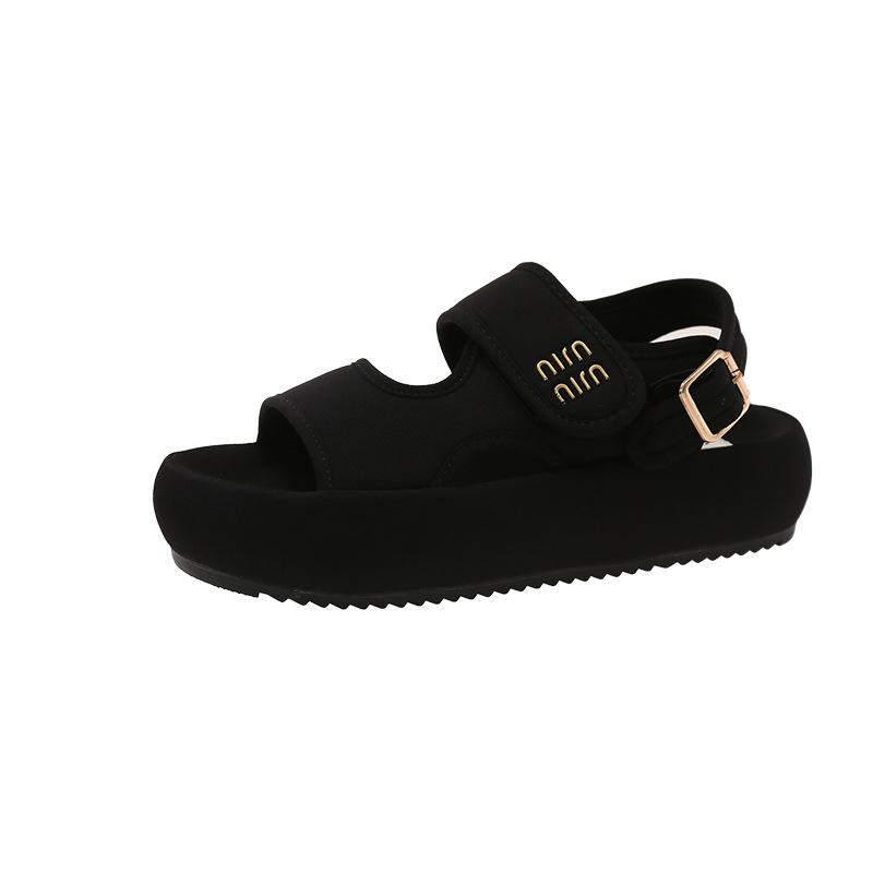 Large size women's shoes 41 to 43 wide fat feet versatile platform Velcro sandals women's summer fashion one-word heightening beach shoes
