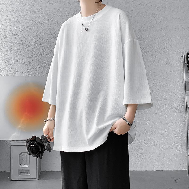 Men's Ice Silk Drape T-Shirt, Short Sleeve, Solid Color, Summer 2023 Trend, Plus Size, Three-Quarter Length.